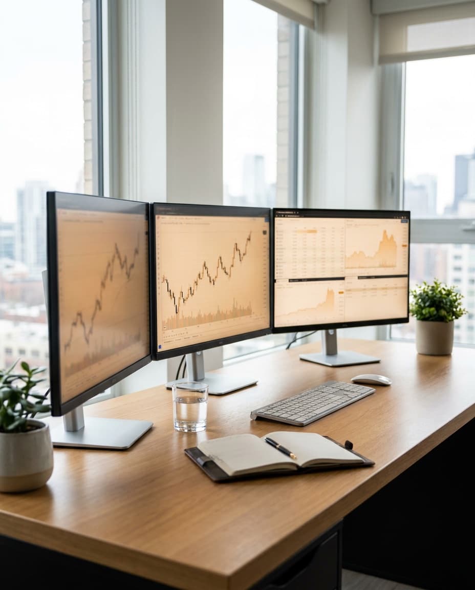 A modern financial analyst’s desk: three monitors showing market charts, a notebook and soft daylight from city windows