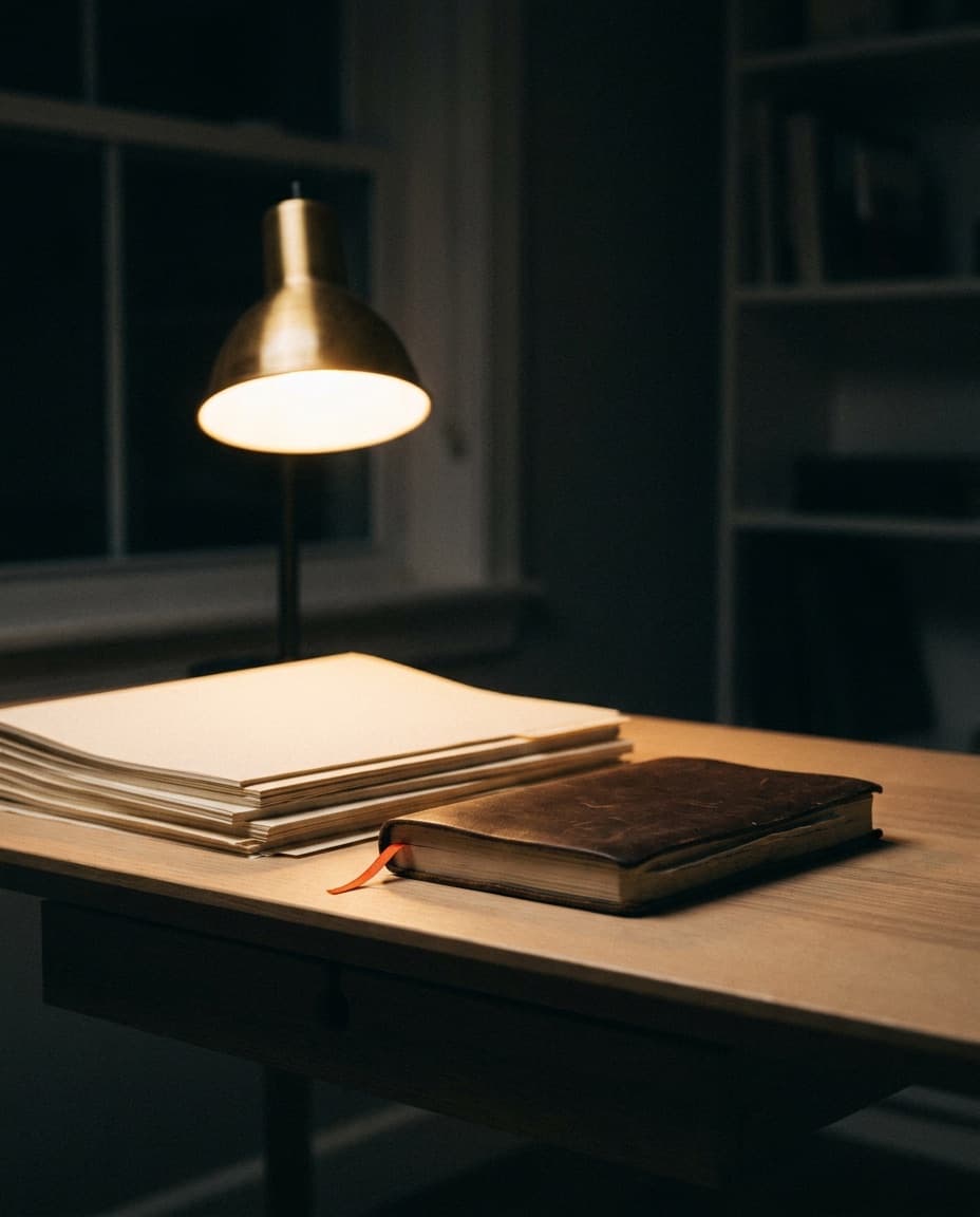 A stack of filings and a notebook under a desk lamp in a dark room
