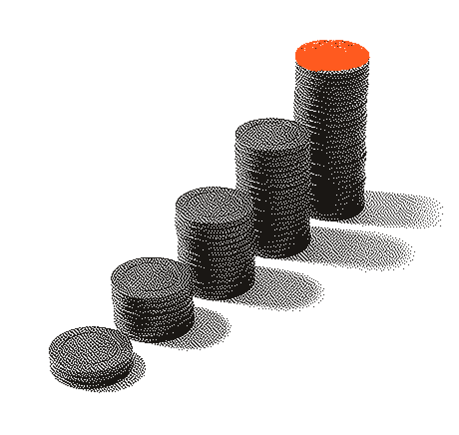 Five rising stacks of black tokens with one orange token on top, rendered in dithered ink.