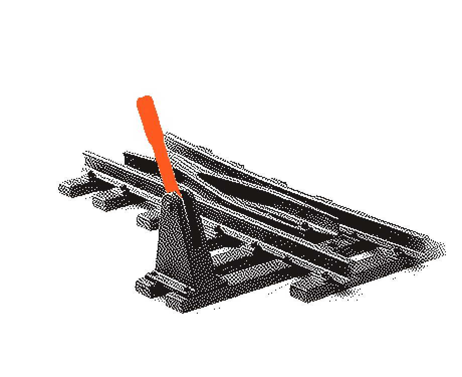 A railway track switch with an orange lever, splitting one line into two, rendered in dithered ink.